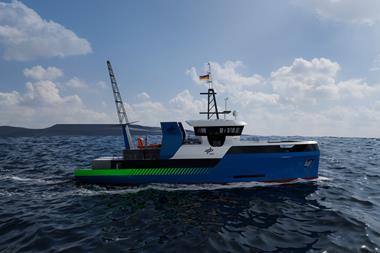 The image shows a ship model of the new research vessel at sea