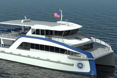 The image shows a render of Port Houston's new hybrid electric ferry