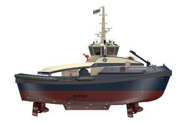 The image shows a render of the battery-methanol tug