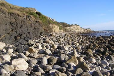 rocky beach exposed at low tide at Ringstead Bay