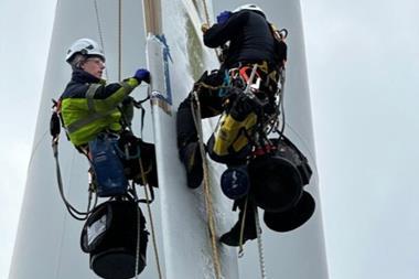 The images shows Technicians completing scaling a turbine while completing GEV’s new blade repair training course at Port of Blyth