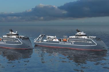 The image shows a render of the two new cable laying vessels for OMS