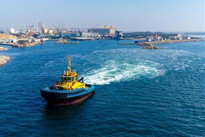The image shows the SAAM ElectRA 2500SX tug during sea trials