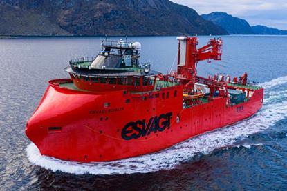 The image shows an Esvagt SOV on the water