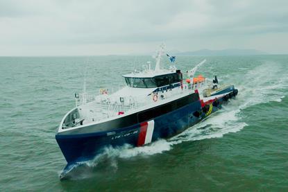 An image of the 42-metre Strategic Marine Gen 4 fast crew boat on the water