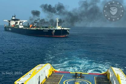 'Sounion' is taken safely under tow by one of the tugs  (EUNAVFOR ASPIDES)