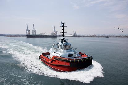 The image shows the Damen ASD Tug 2312 on the water