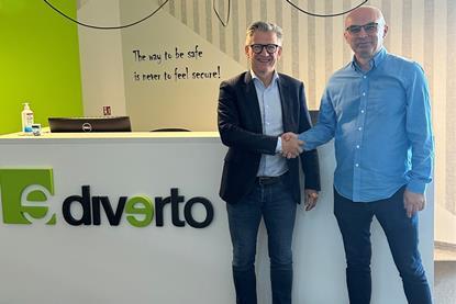 The image shows Erik Ceuppens, CEO Marlink Group and Boze Saric, CEO, Diverto shaking hands on the acquisition deal