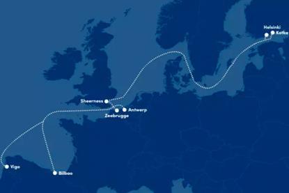 The image shows a map of the new freight servuice with connections from the UK, Ireland, belgium and Spain