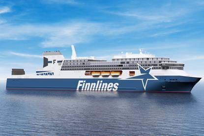 The image shows a render of the newbuild Finnline RoPax vessels