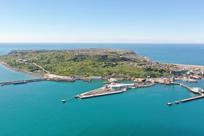 The image shows a wide angle shot of Portland Port