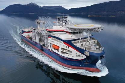 The image shows the cable-laying vessel Prysmian Monna Lisa on the water