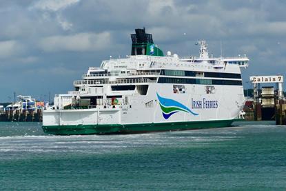 The image shows a close up of an Irish Ferries ferry docked at Calais