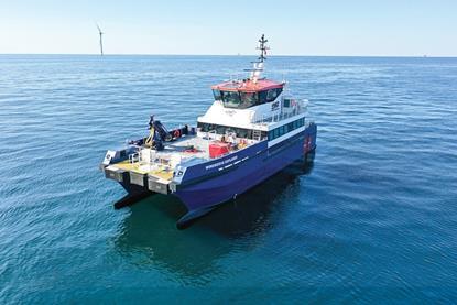 The image shows a Damen 2610 Fast Crew Supplier on the water
