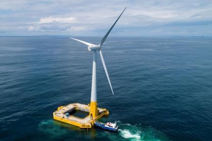 A maintenance vessel docks at Floatgen, BW Ideol's first floating wind turbine in France, installed at the SEM-REV site operated by the Open-C Fondation off the coast of Le Croisic