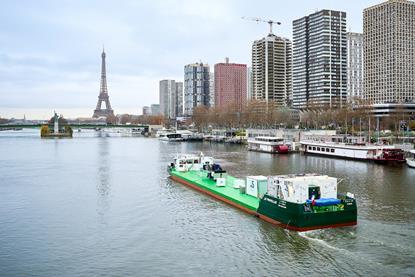 The image shows Sogestran's Zulu 06 is France’s first hydrogen-powered river vessel on the Seine