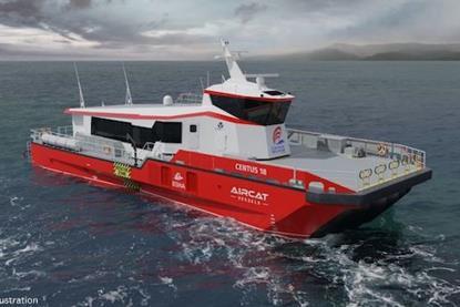 The image shows a render of the AIRCAT crew transfer vessel