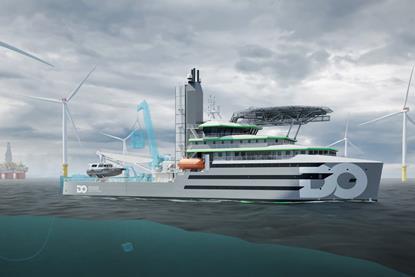 A render for a Salt Ship Design construction commissioning service operation vessel with wind turbines in the background