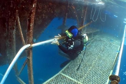 The image shows a diver performing an underwater inspection