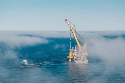 The picture shows Jan De Nul's heavy-lift vessel Les Alizés at the Thor windfarm