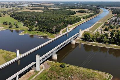 The Magdeburg Water Bridge Kanalbrücke Magdeburg is a large navigable aqueduct in central Germany, located near Magdeburg