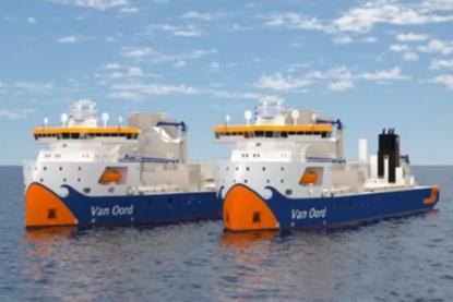 The image shows a render of the two new Van Oord subsea rock installation vessels