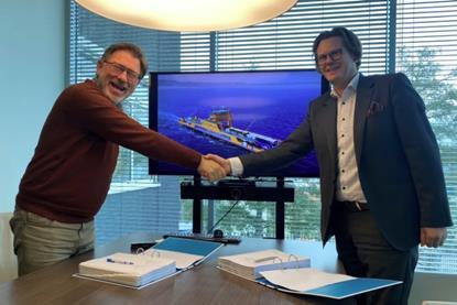 Kongsberg Maritime sales director Roger Trinterud (right) and Cor Hoogendoorn, owner and director of Holland Shipyard Group