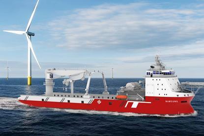A render of the crane onboard the new floating wind farm construction vessel