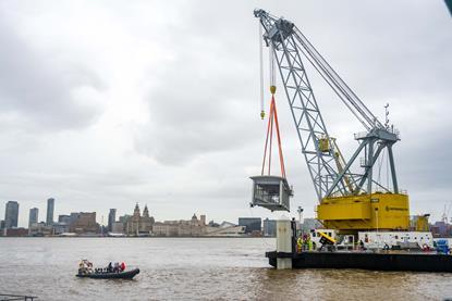 The picture shows the Lara 1 crane at work on the Woodside Linkspan Bridge installation