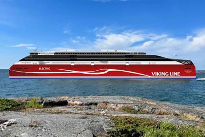 The image shows the Viking Line's future vision for ferry electrification - Helios