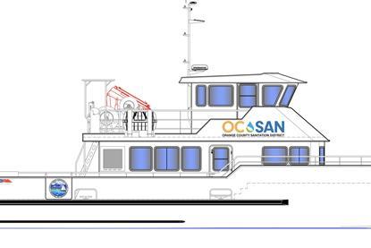 The image shows a render of the 19.2-metre hybrid-electric catamaran