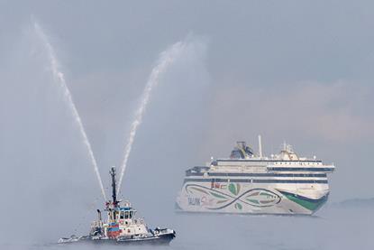 MyStar was brought into harbour by a tugboat with a water cannon display