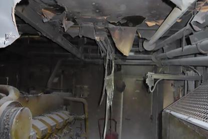 The engine room of a RoRo cargo ship after fire broke out in a flexible hose
