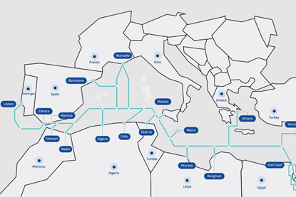 The image shows the map of how the Medusa submarine cable system will connect Europe and North Africa