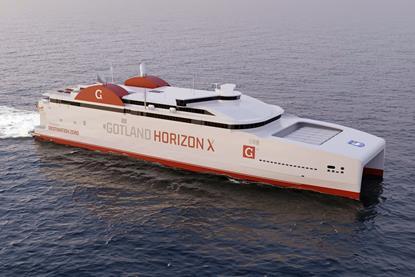The image shows a render of the hydrogen-ready Horizon-X ferry