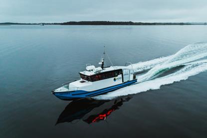 The image shows the ProZero 15m research workboat at sea