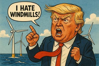 The image shows as AI generated (DALL·E) caricature of image with Trump in front of offshore wind turbines shouting he hastes windmills