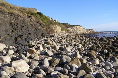 rocky beach exposed at low tide at Ringstead Bay