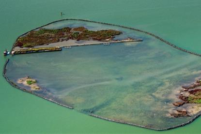 The photo shows an aerial shot of the embankments at the Island of Lerst