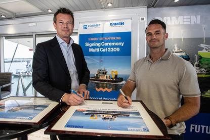 Damen signs with Carmet Tug Company for Multi Cat 2309 Wijtze van der Leij, Sales Manager UK at Damen left
