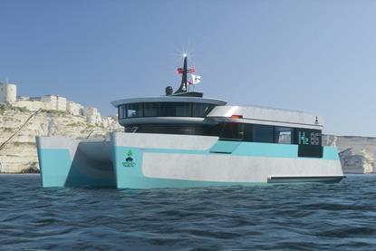 The image shows a SECO Marine catamaran built for Green Navy on the water