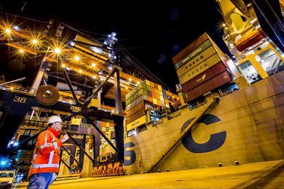 The image shows a container terminal on the quayside at Rotterdam