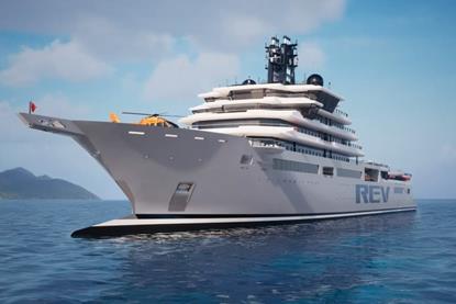 The image shows REV Ocean, a state-of-the-art ocean research and expedition ship