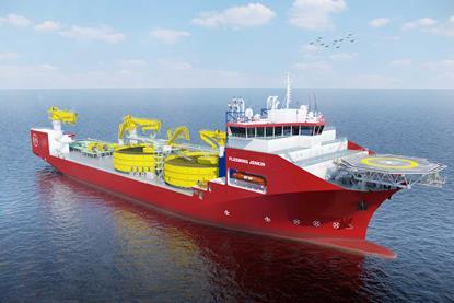 Images shows a render of Jan De Nul’s newbuild Fleeming Jenkin cable-laying vessel