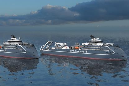 The image shows a render of the two new cable laying vessels for OMS