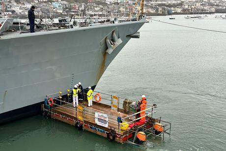 The image shows  ScaffFloat's floating platform inclination tests on two British Navy Frigates at A&P Falmouth