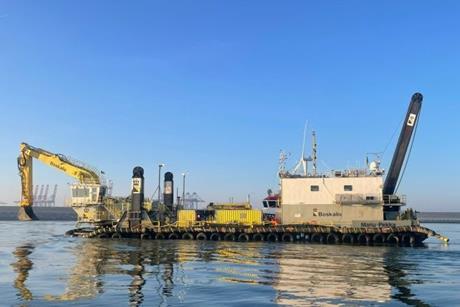 The image shows the Boskalis the backhoe dredger Manu Pekka at sea