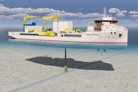 This 3D image shows the vessel installing rock on top of a subsea energy cable