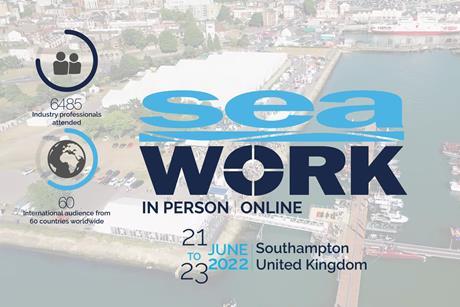 Seawork logo promotional image, overlaid on an aerial shot of the Seawork exhibition. Stats from the event are present: 6485 Industry professionals attended; International audience from 60 countries worldwide.