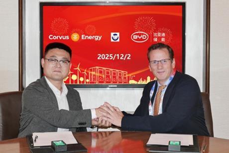 Tom Wang, Sales director with BYD (L) and Ole Jacob Irgens, Regional director EMEA and Asia, with Corvus